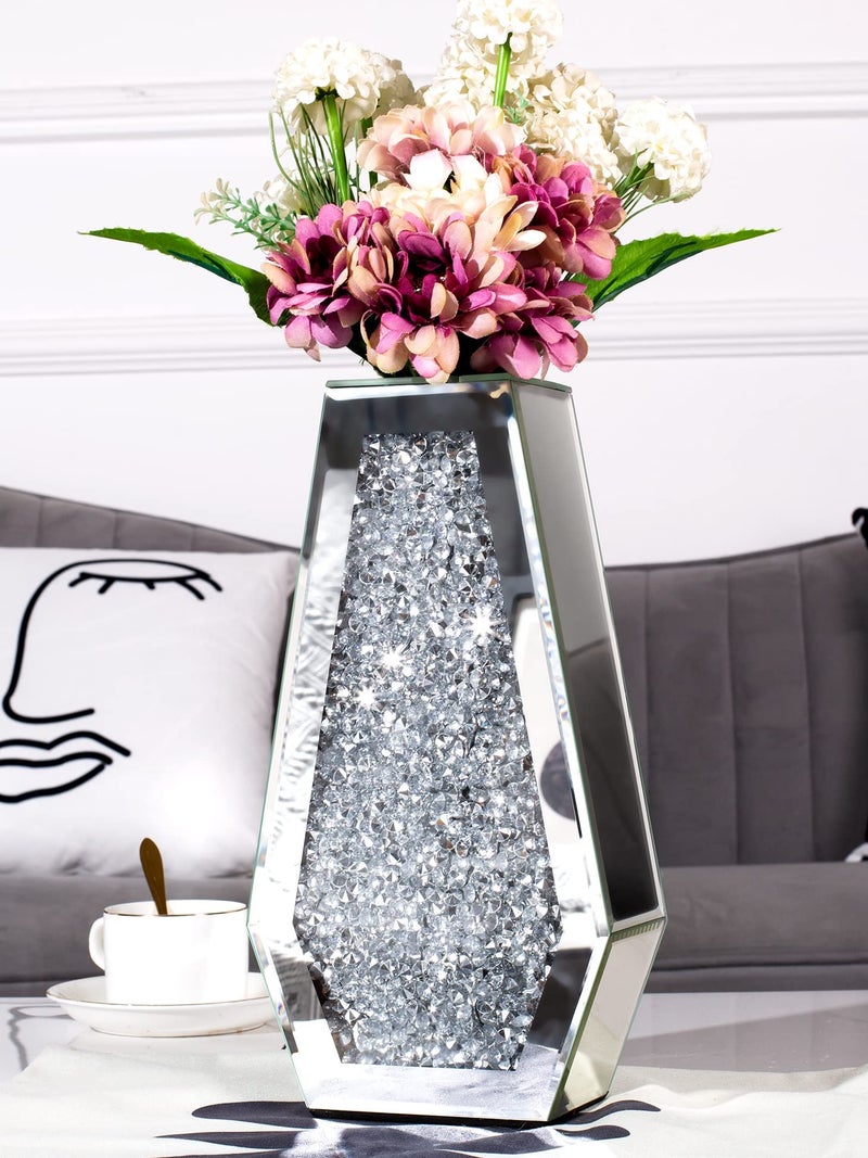 blingworld Flower Vase Crushed Diamond Vases for Decor Silver Mirror Vases for Centerpieces, Bling Crystal Decorative Glass Vase for Home Decor, 12 Inch - Can’t Hold Water - Image 1