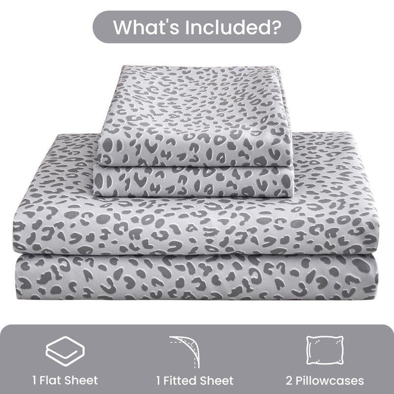 Mooreeke Leopard Cheetah Printed Queen Bed Sheets, Soft Microfiber Bedding Sheets & Pillowcases, Deep Pocket Non-Slip Fitted Queen Sheet, Silver Grey Animal Pattern Bedsheets - Image 2