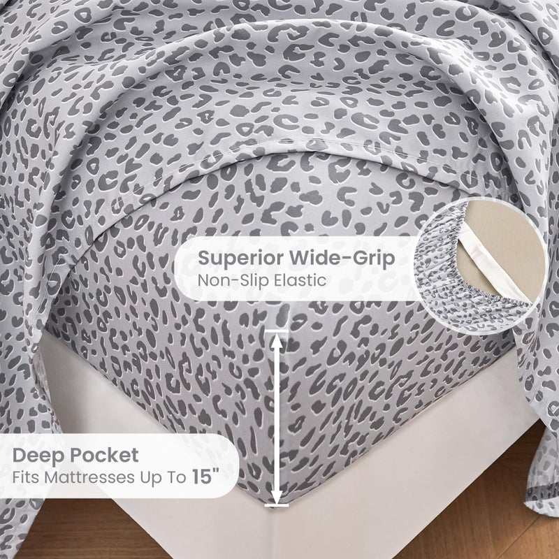 Mooreeke Leopard Cheetah Printed Queen Bed Sheets, Soft Microfiber Bedding Sheets & Pillowcases, Deep Pocket Non-Slip Fitted Queen Sheet, Silver Grey Animal Pattern Bedsheets - Image 4