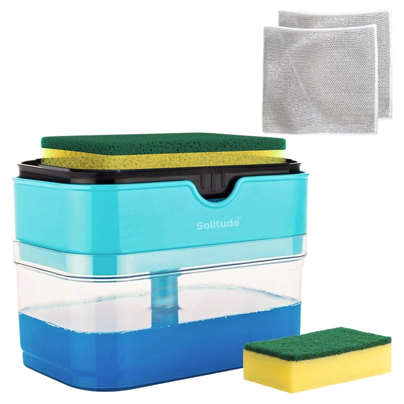 Solitude Soap Dispenser - Sponge Holder Dish Sink Dishwashing Liquid Instant Refill Durable 2-in-1 Soap Dispenser with 2 Sponge & 2 Dishwash Cloth for Kitchen, Liquid Dish Wash Pump Dispenser (400ml) - Image 1