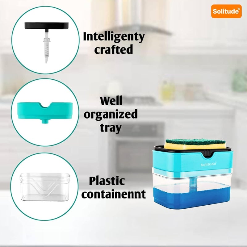 Solitude Soap Dispenser - Sponge Holder Dish Sink Dishwashing Liquid Instant Refill Durable 2-in-1 Soap Dispenser with 2 Sponge & 2 Dishwash Cloth for Kitchen, Liquid Dish Wash Pump Dispenser (400ml) - Image 5