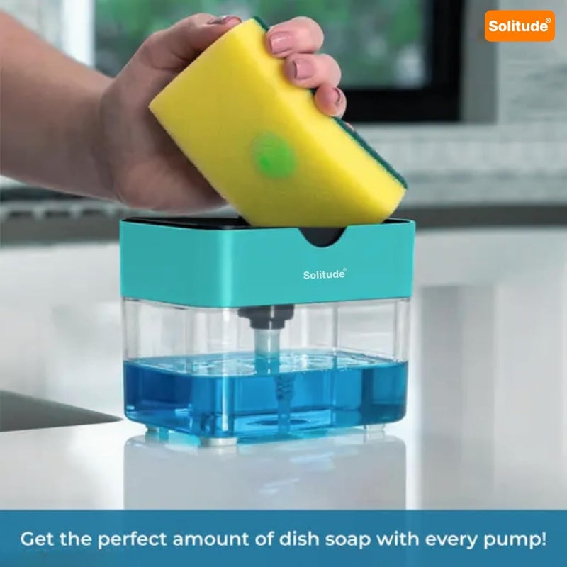 Solitude Soap Dispenser - Sponge Holder Dish Sink Dishwashing Liquid Instant Refill Durable 2-in-1 Soap Dispenser with 2 Sponge & 2 Dishwash Cloth for Kitchen, Liquid Dish Wash Pump Dispenser (400ml) - Image 2