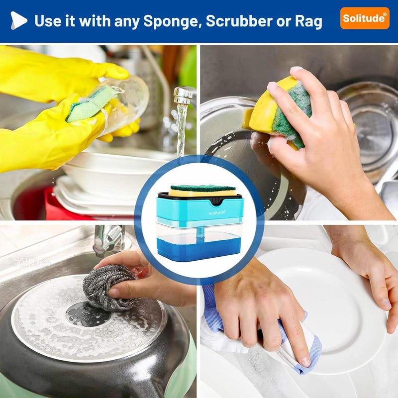 Solitude Soap Dispenser - Sponge Holder Dish Sink Dishwashing Liquid Instant Refill Durable 2-in-1 Soap Dispenser with 2 Sponge & 2 Dishwash Cloth for Kitchen, Liquid Dish Wash Pump Dispenser (400ml) - Image 3