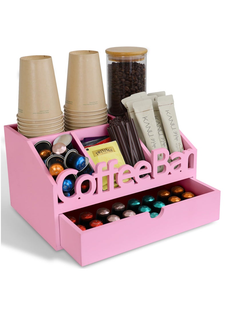 شو وو منظم بار القهوة مع درج لطاولة العمل، محطة تنظيم القهوة الخشبية، منظم محطة القهوة للمكتب المنزلي، حامل أكواب القهوة للطاولة، منظم القهوة والشاي باللون الوردي - Image 1