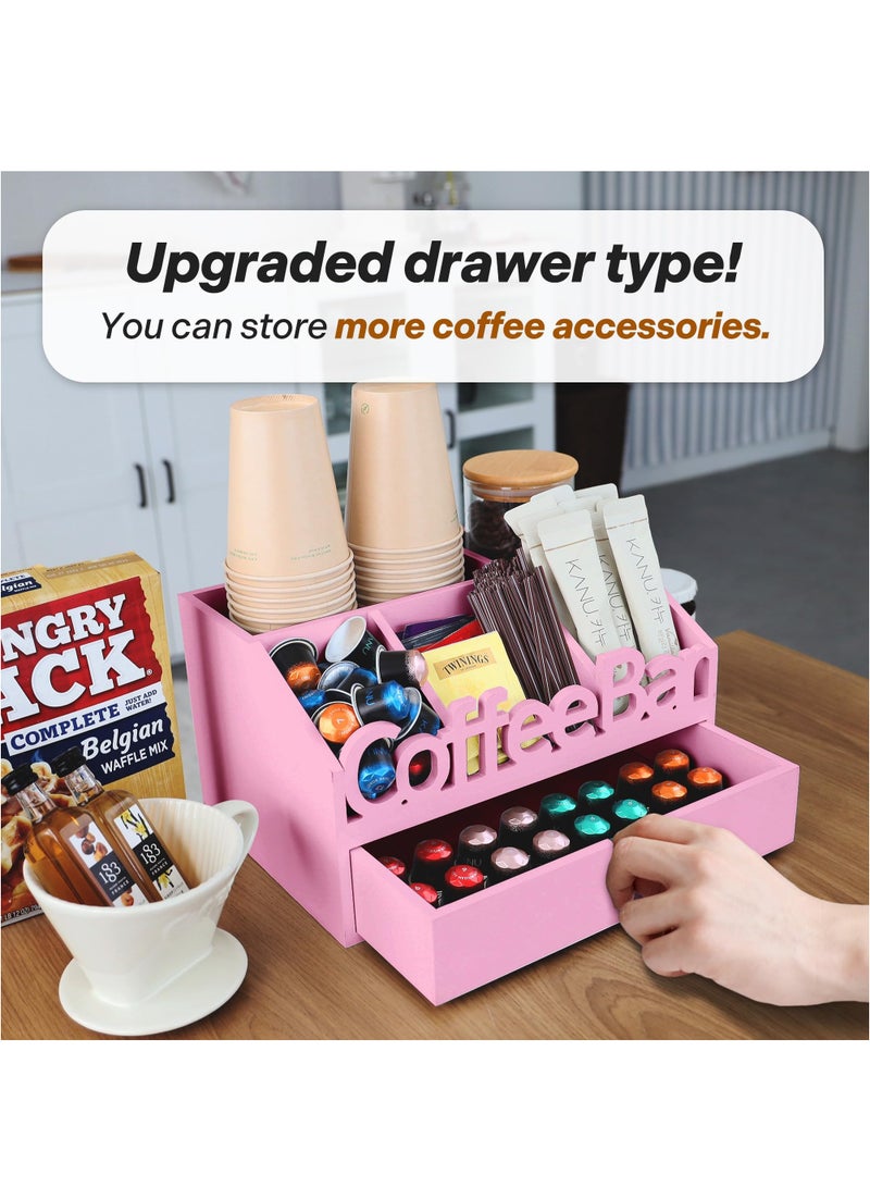 شو وو منظم بار القهوة مع درج لطاولة العمل، محطة تنظيم القهوة الخشبية، منظم محطة القهوة للمكتب المنزلي، حامل أكواب القهوة للطاولة، منظم القهوة والشاي باللون الوردي - Image 2