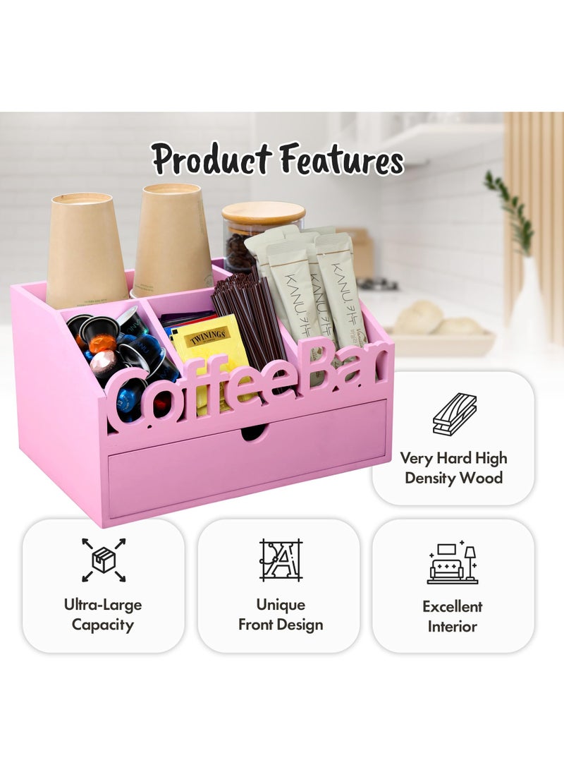شو وو منظم بار القهوة مع درج لطاولة العمل، محطة تنظيم القهوة الخشبية، منظم محطة القهوة للمكتب المنزلي، حامل أكواب القهوة للطاولة، منظم القهوة والشاي باللون الوردي - Image 3