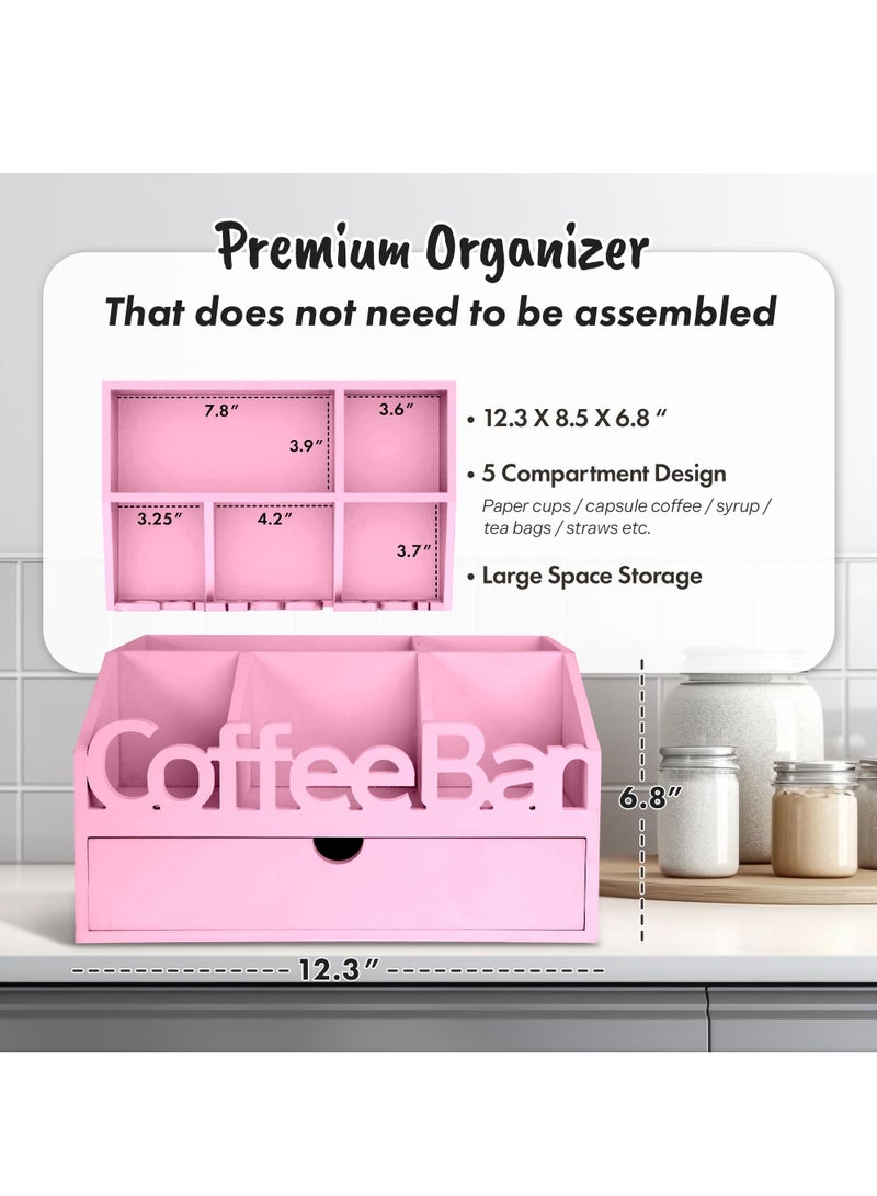 شو وو منظم بار القهوة مع درج لطاولة العمل، محطة تنظيم القهوة الخشبية، منظم محطة القهوة للمكتب المنزلي، حامل أكواب القهوة للطاولة، منظم القهوة والشاي باللون الوردي - Image 4