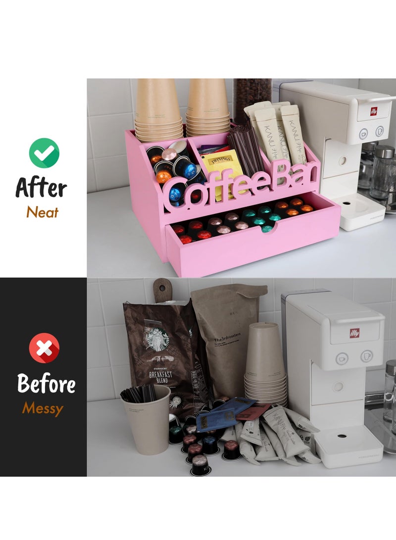 شو وو منظم بار القهوة مع درج لطاولة العمل، محطة تنظيم القهوة الخشبية، منظم محطة القهوة للمكتب المنزلي، حامل أكواب القهوة للطاولة، منظم القهوة والشاي باللون الوردي - Image 5