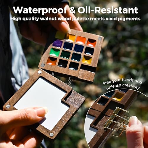 Funto Mini Watercolor Paint Set, All-In-One Walnut Wood 15-Color Premium Pocket Travel Paint Kit, with Crossbody Bag,Watercolor Journal, Metal Clip, Paint Water Cup, Water Brush Ideal for Art Lovers - Image 4
