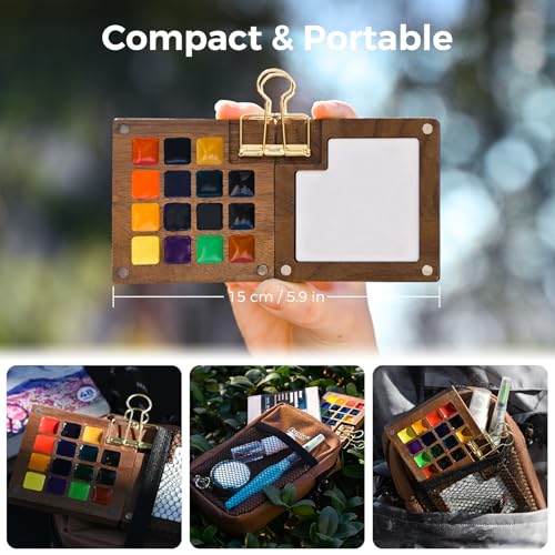 Funto Mini Watercolor Paint Set, All-In-One Walnut Wood 15-Color Premium Pocket Travel Paint Kit, with Crossbody Bag,Watercolor Journal, Metal Clip, Paint Water Cup, Water Brush Ideal for Art Lovers - Image 5