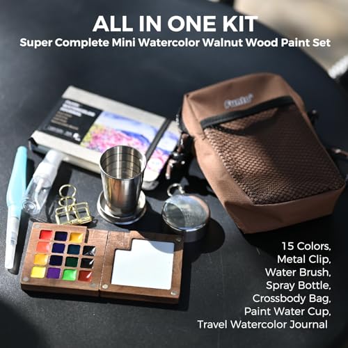 Funto Mini Watercolor Paint Set, All-In-One Walnut Wood 15-Color Premium Pocket Travel Paint Kit, with Crossbody Bag,Watercolor Journal, Metal Clip, Paint Water Cup, Water Brush Ideal for Art Lovers - Image 2