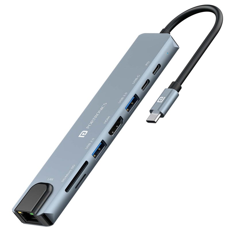 Portronics محطة إرساء Mport 8 USB-C (8 في 1) مع HDMI 4K 30Hz، إيثرنت 100 ميجابت في الثانية، USB 3.0، قارئ بطاقات microSD/SD، بيانات Type-C، شحن PD، USB 2.0، قابس Type-C لأجهزة اللابتوب، ماك، بي سي - Image 1