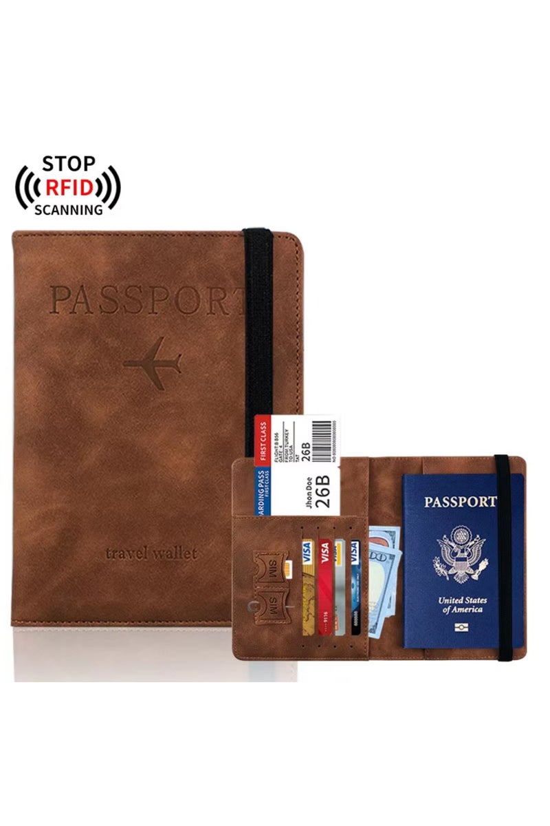 حامل جواز السفر حالة غطاء المحفظة ، حالة جواز السفر مع حظر RFID ، حامل وثيقة السفر الجلدية PU للرجال والنساء إكسسوارات السفر (الأحمر البني) - Image 1