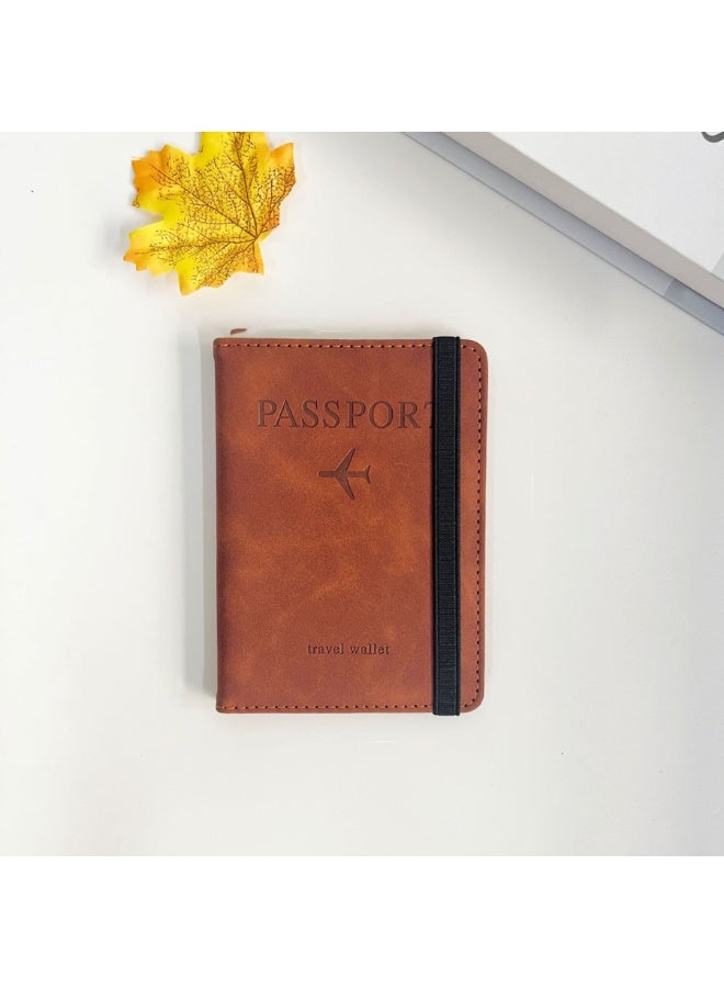 حامل جواز السفر حالة غطاء المحفظة ، حالة جواز السفر مع حظر RFID ، حامل وثيقة السفر الجلدية PU للرجال والنساء إكسسوارات السفر (الأحمر البني) - Image 2