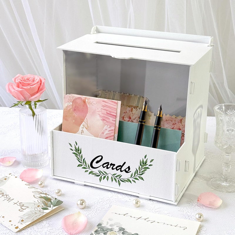 OurWarm Wooden Wedding Card Box with Flower Trough, White Gift Card Box for Wedding with Acrylic Board, Weddings Cards Boxes for Reception Graduation Birthday Party Bridal Baby Shower Decorations - Image 5