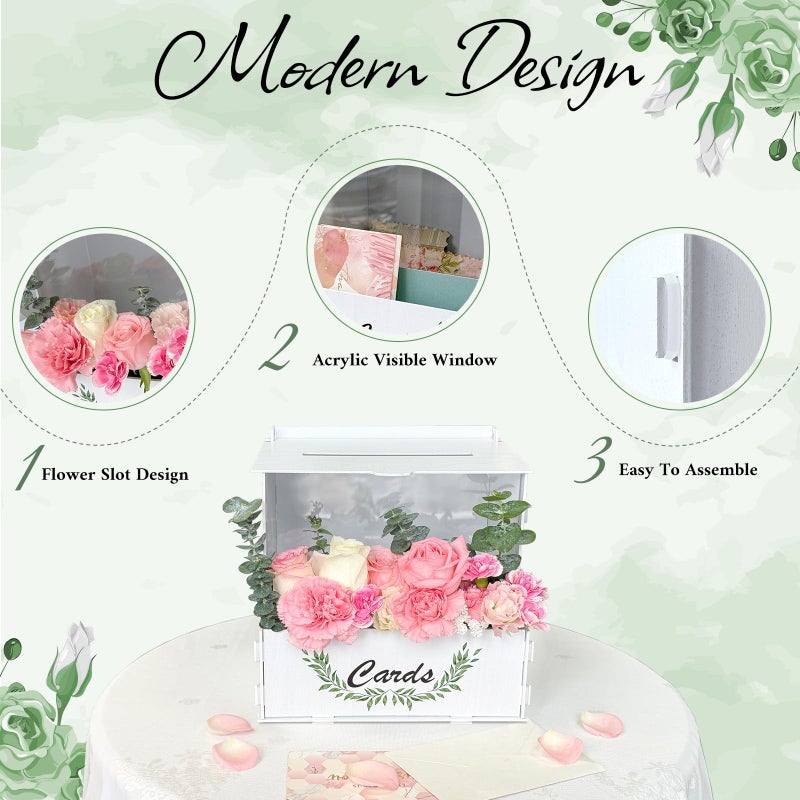 OurWarm Wooden Wedding Card Box with Flower Trough, White Gift Card Box for Wedding with Acrylic Board, Weddings Cards Boxes for Reception Graduation Birthday Party Bridal Baby Shower Decorations - Image 4