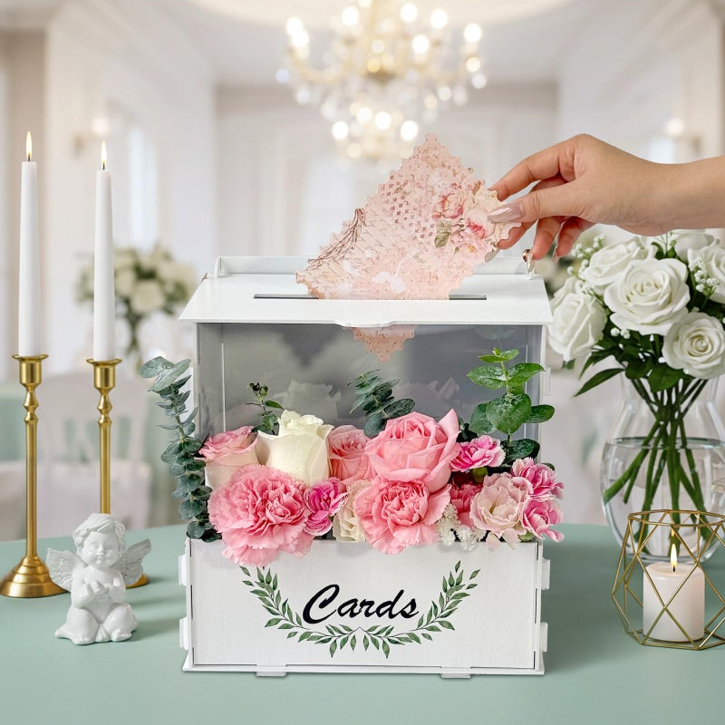 OurWarm Wooden Wedding Card Box with Flower Trough, White Gift Card Box for Wedding with Acrylic Board, Weddings Cards Boxes for Reception Graduation Birthday Party Bridal Baby Shower Decorations - Image 3