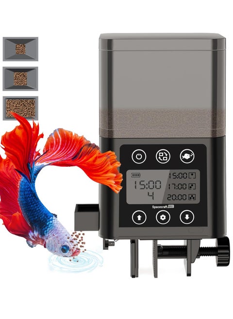 Automatic Fish Feeder for Aquarium, 320ML Large Capacity Adjustable Dispenser with Timer, LCD Display, Battery Operated Feeders for Goldfish and Turtles, Vacation Use, Three Fixed Methods (Gray)