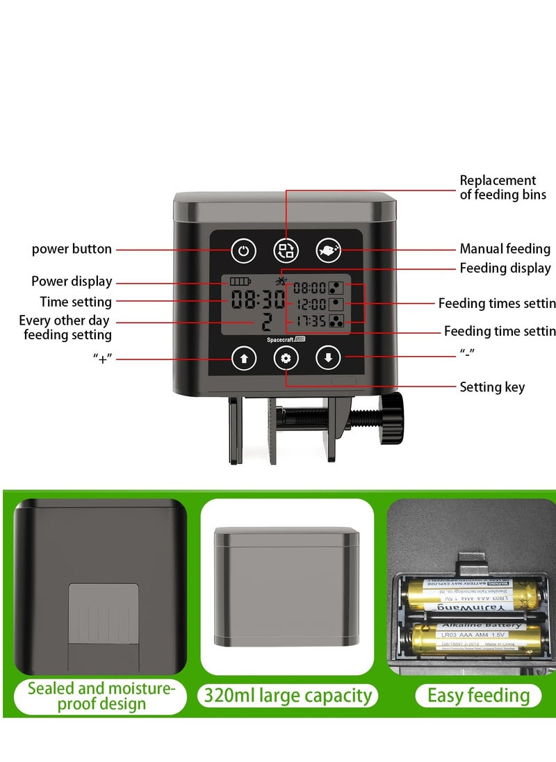 Automatic Fish Feeder for Aquarium, 320ML Large Capacity Adjustable Dispenser with Timer, LCD Display, Battery Operated Feeders for Goldfish and Turtles, Vacation Use, Three Fixed Methods (Gray)
