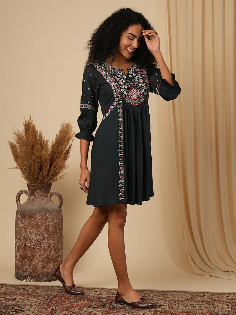 globus Globus Women Floral Embroidered Yoke A-Line Pleated Panelled Mini Fusion Dress