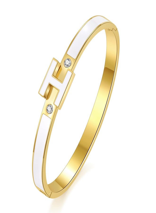 Watdoc H Bracelet for Women - 18K Gold Plated Titanium Steel Cuff | Cubic Zirconia Bangle Jewelry Gift, Simple & Durable Everyday Wear (S/M/L Size) (White, Medium) - Image 1