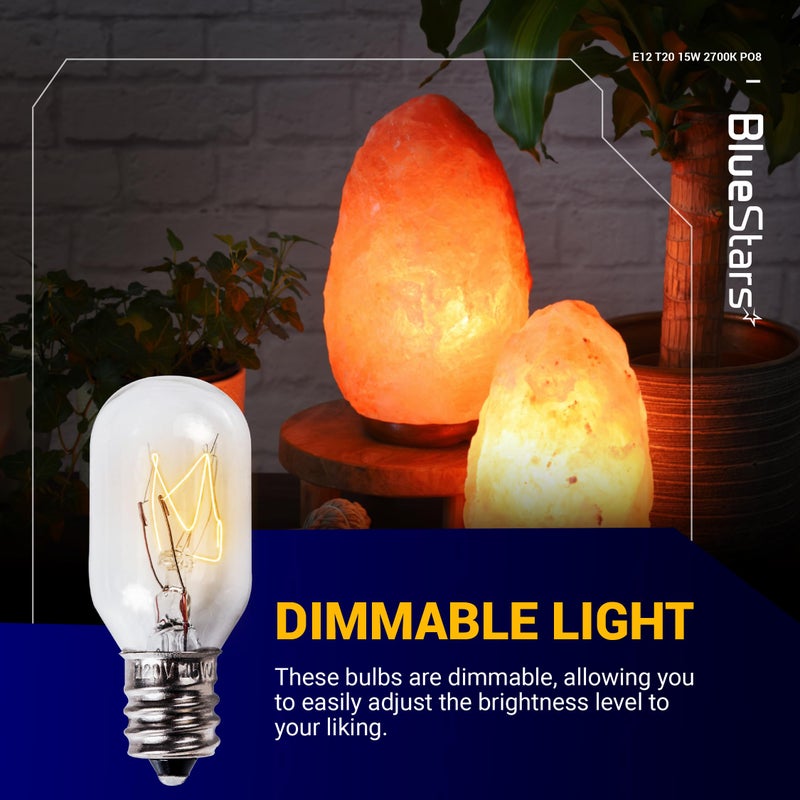 BlueStars مصباح ملح بلوستار E12 T20 120 فولت 15 واط، 2700 كلفن أبيض دافئ، قاعدة شمعدان E12 لمصابيح ملح الهيمالايا والسلال، سخانات الشمع، أضواء الليل - عبوة من 8 - Image 5