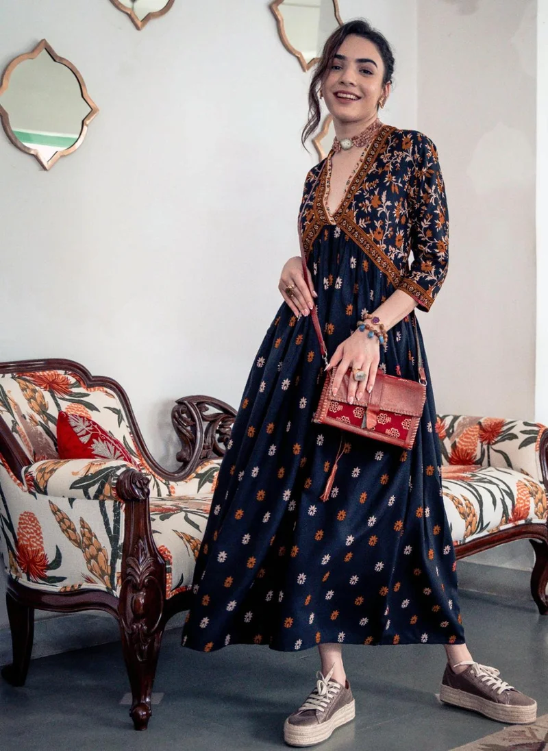 ZERESOUQ Black Bloom In The Dark V Neck Gathered Dress