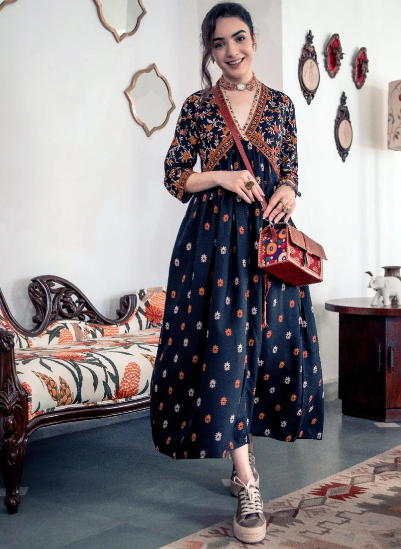 ZERESOUQ Black Bloom In The Dark V Neck Gathered Dress
