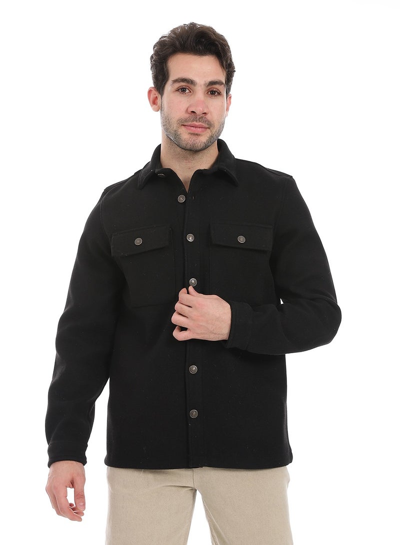 Andora Classic Wool Shirt With Dual Front Pockets _ Black - Image 1