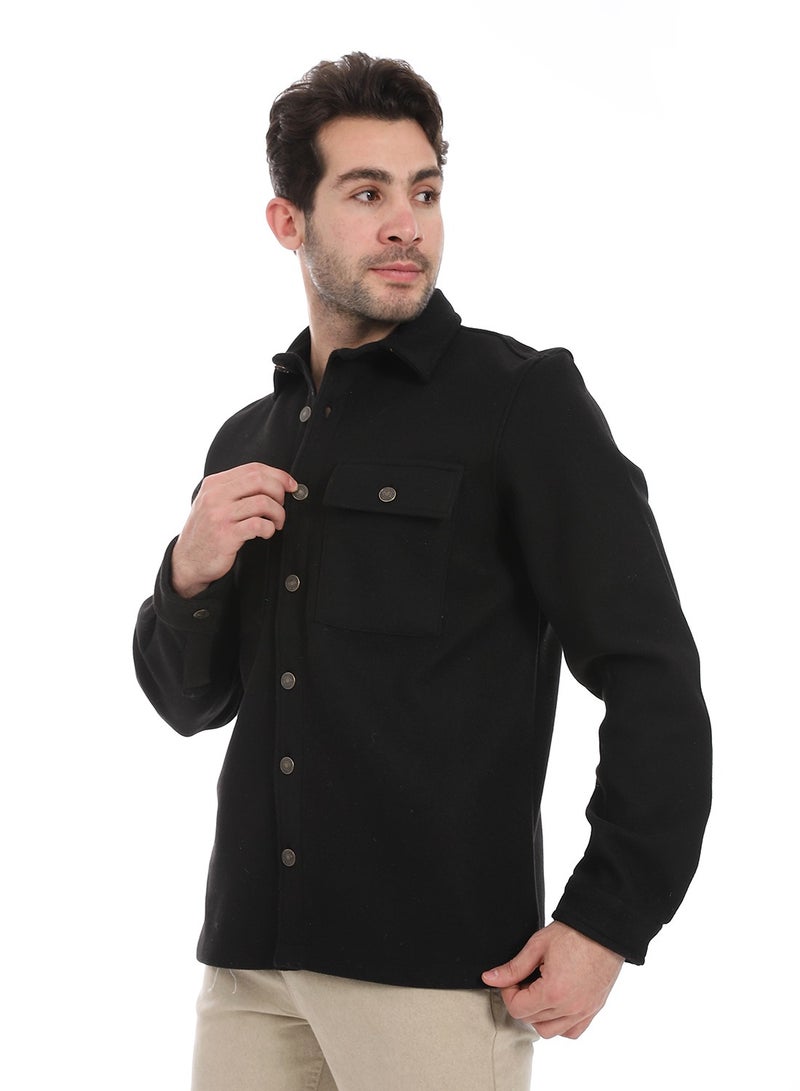 Andora Classic Wool Shirt With Dual Front Pockets _ Black - Image 2