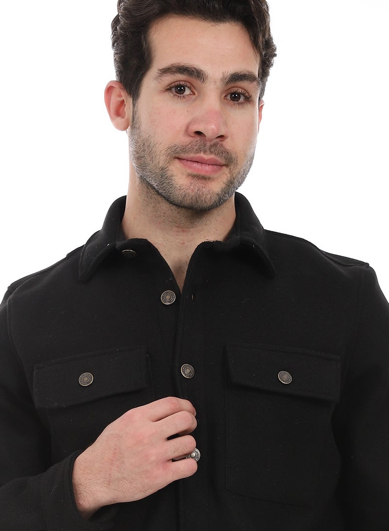 Andora Classic Wool Shirt With Dual Front Pockets _ Black - Image 4