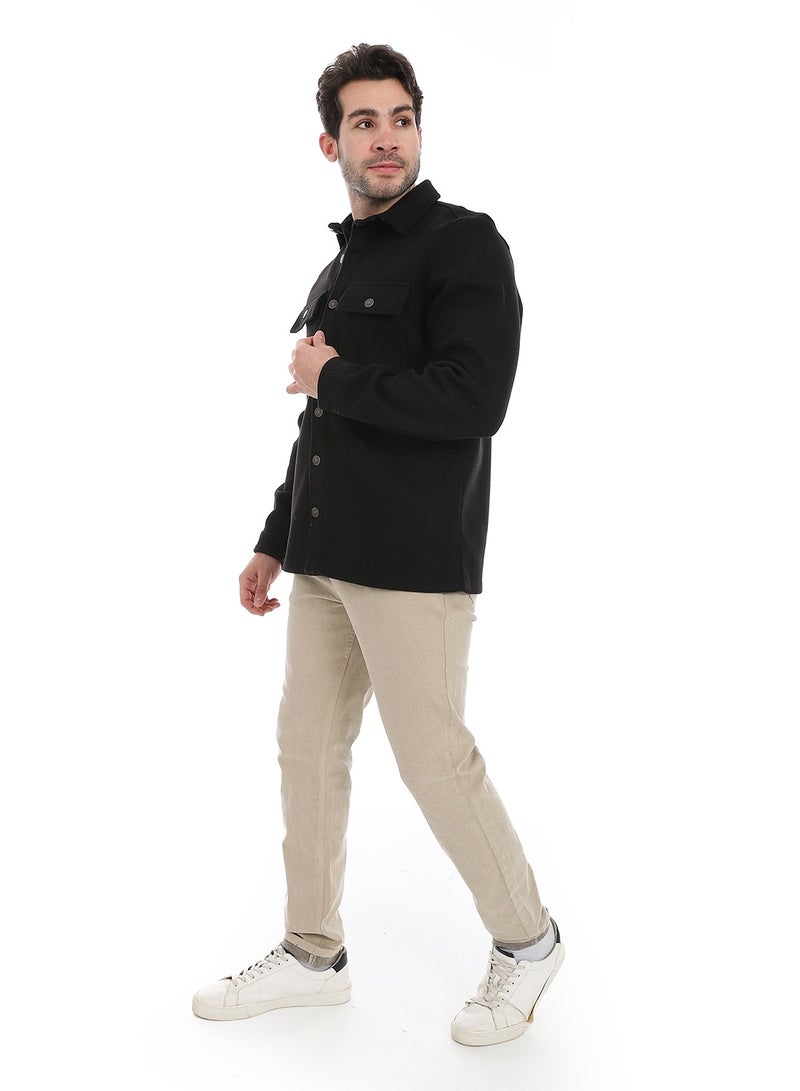 Andora Classic Wool Shirt With Dual Front Pockets _ Black - Image 5