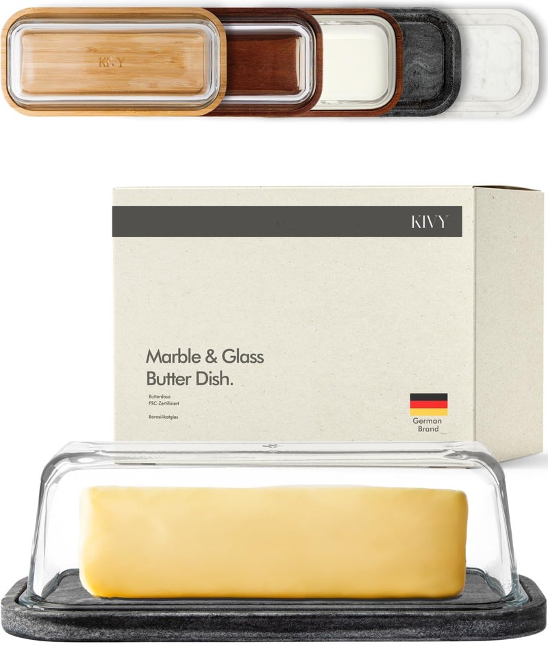 KIVY Butter Dish (Black Marble & Glass) - For countertop and refrigerator door shelf - Marble butter keeper - Stone butter dish with lid - Dishwasher Safe - Image 1