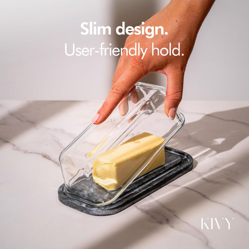 KIVY Butter Dish (Black Marble & Glass) - For countertop and refrigerator door shelf - Marble butter keeper - Stone butter dish with lid - Dishwasher Safe - Image 5