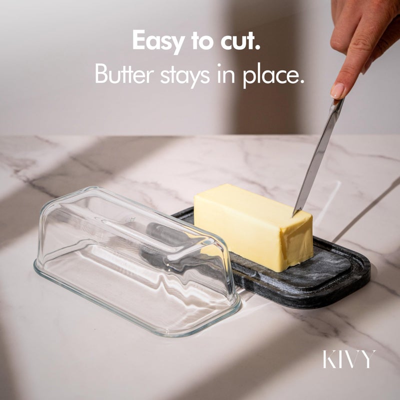 KIVY Butter Dish (Black Marble & Glass) - For countertop and refrigerator door shelf - Marble butter keeper - Stone butter dish with lid - Dishwasher Safe - Image 4