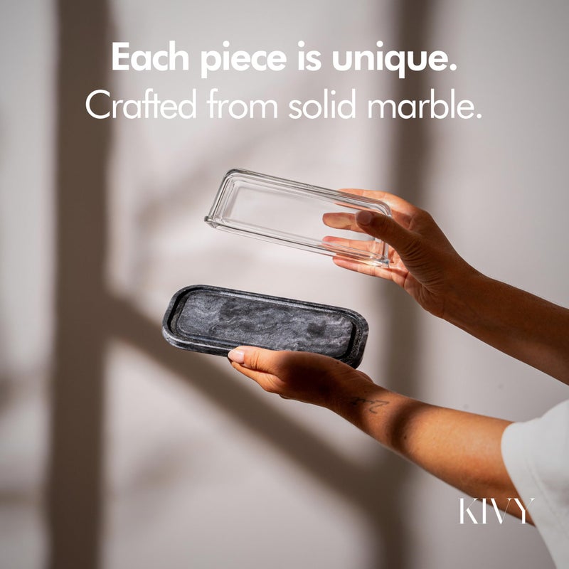 KIVY Butter Dish (Black Marble & Glass) - For countertop and refrigerator door shelf - Marble butter keeper - Stone butter dish with lid - Dishwasher Safe - Image 2