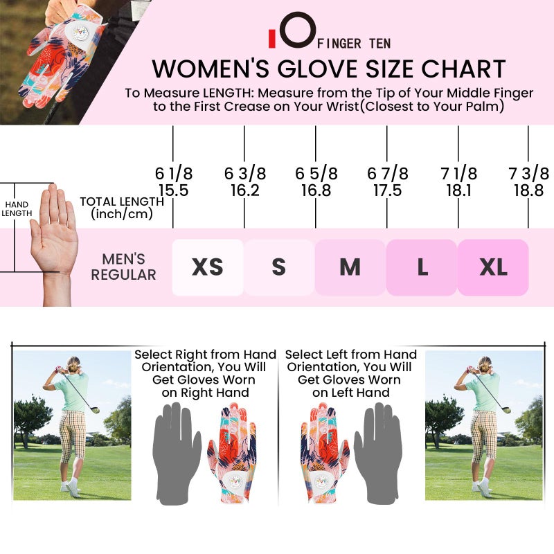 FINGER TEN Stylish Golf Gloves Women with Ball Marker 1 Pack for Left or Right Hand, Breathable Glove with Fashion Patterns for Ladies Right Left Handed Golfer (Full-Orange, Large, Left) - Image 5