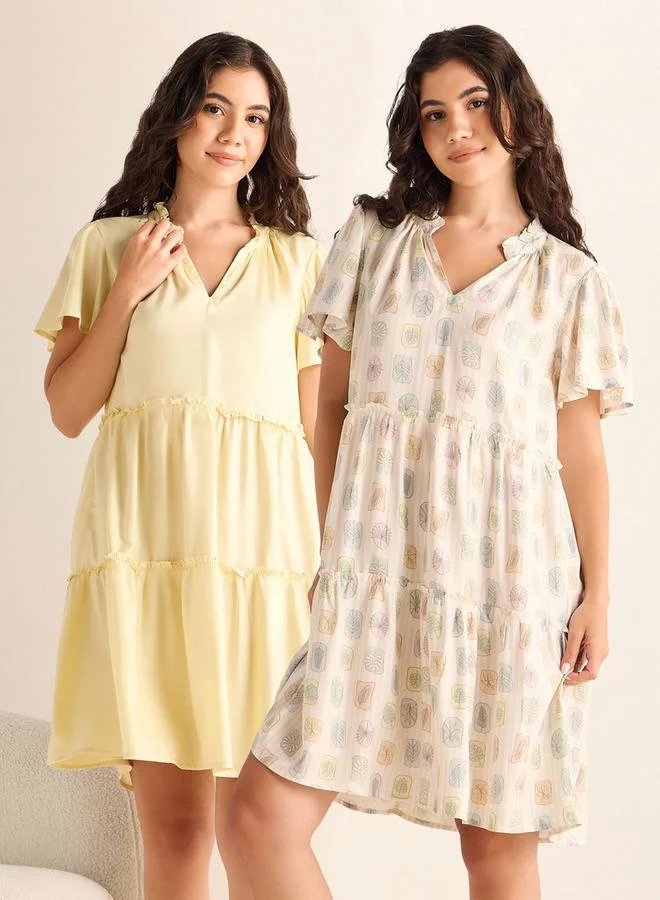 سبلاش فيڤ طقم من قطعتين - فستان نوم بطبقات وأكمام فراشة