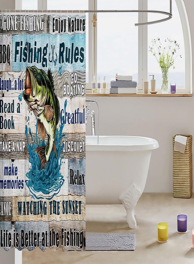 Man Fei Bass Fish Fishing Theme Kids Shower Curtains,Lake House Cabin Camper Bathroom Curtains for Girls Boys Adults,Teal Wooden Plank Rustic Farmhouse Waterproof Curtains,12 Hooks Suits,72" W x 72" L - Image 3