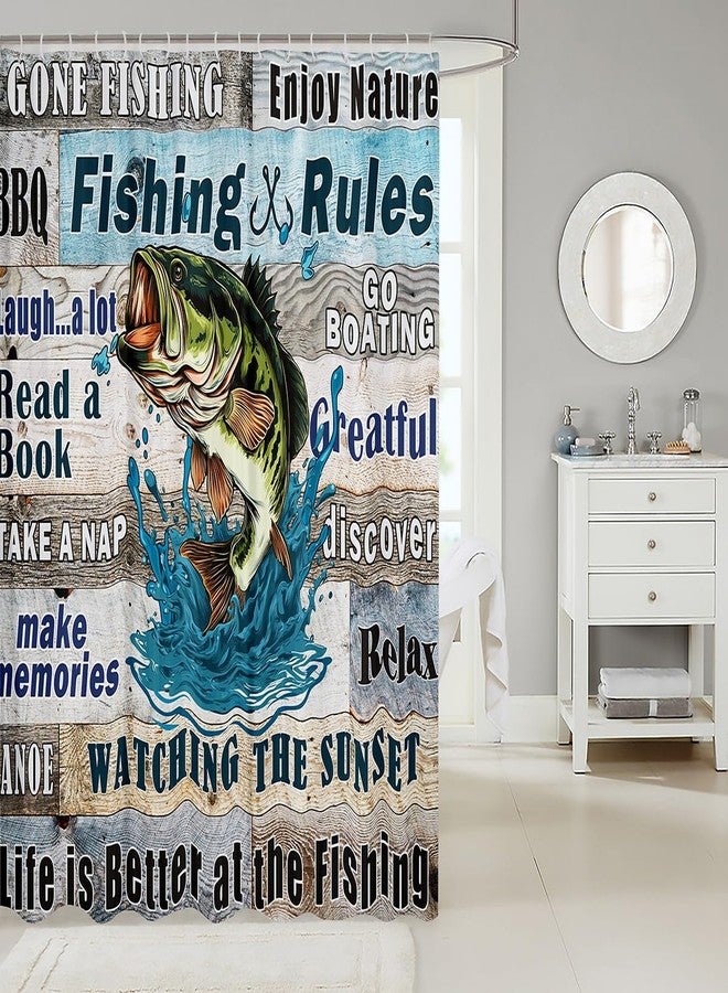 Man Fei Bass Fish Fishing Theme Kids Shower Curtains,Lake House Cabin Camper Bathroom Curtains for Girls Boys Adults,Teal Wooden Plank Rustic Farmhouse Waterproof Curtains,12 Hooks Suits,72" W x 72" L - Image 2