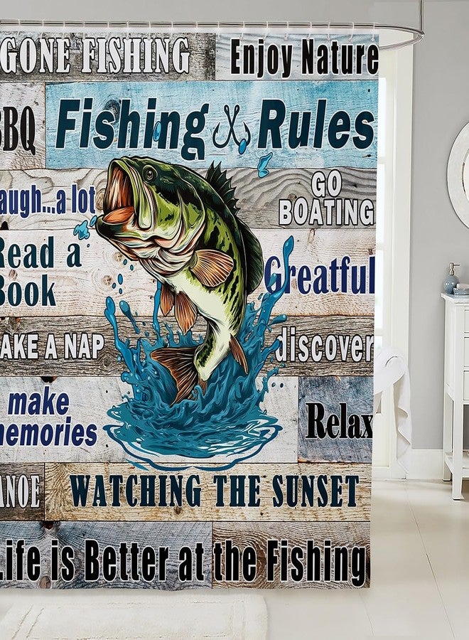 Man Fei Bass Fish Fishing Theme Kids Shower Curtains,Lake House Cabin Camper Bathroom Curtains for Girls Boys Adults,Teal Wooden Plank Rustic Farmhouse Waterproof Curtains,12 Hooks Suits,72" W x 72" L - Image 1