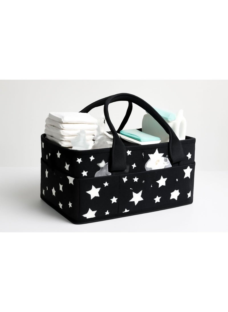 Baby Shine Diaper Caddy – Soft Felt Storage Basket for Baby Essentials – Black with White Stars - Image 2