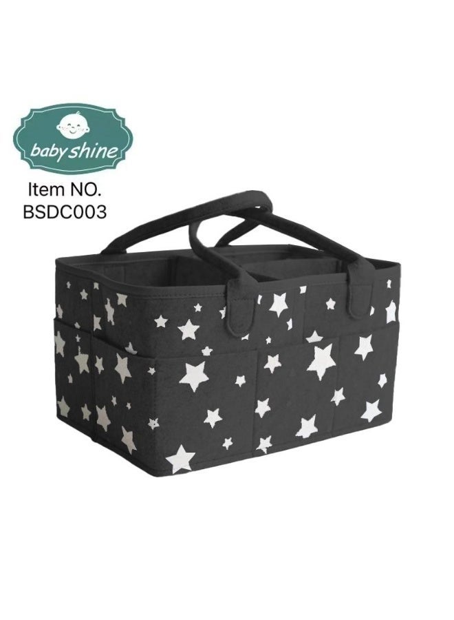 Baby Shine Diaper Caddy – Soft Felt Storage Basket for Baby Essentials – Black with White Stars - Image 1