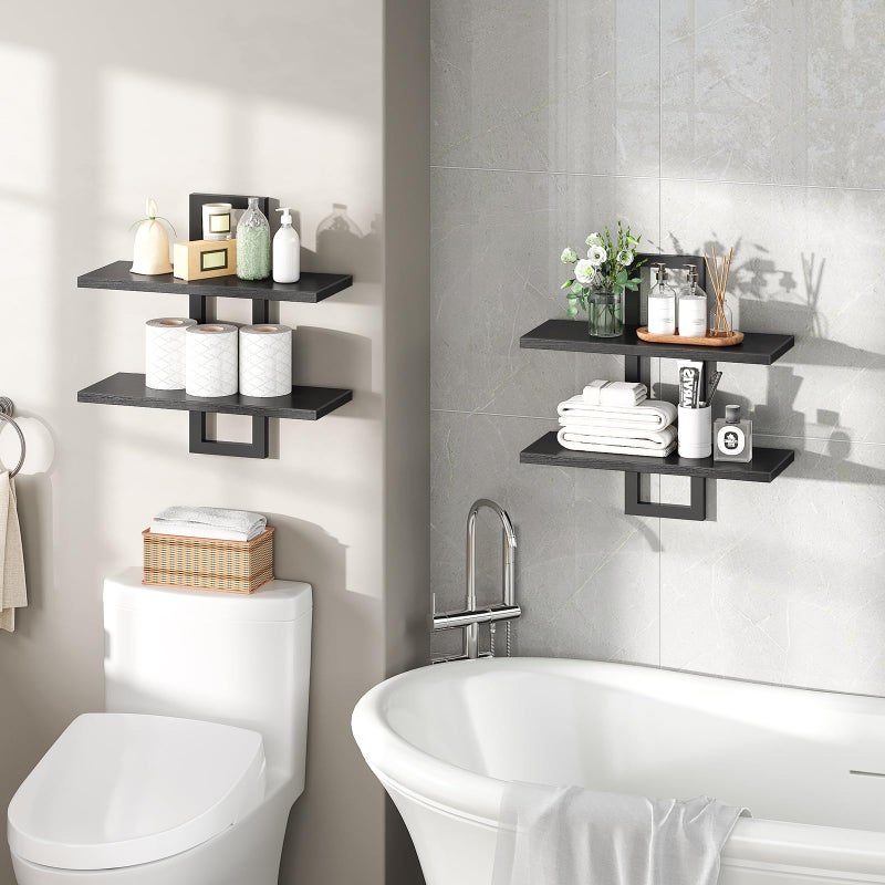 HOOBRO Floating Shelves, 15 Inch Wall Shelf Set of 2, Wall Mounted Storage Shelves 2-Tier, Hanging Bathroom Shelves, for Living Room, Bedroom, Bathroom, Kitchen, Black BK32BJ01 - Image 4