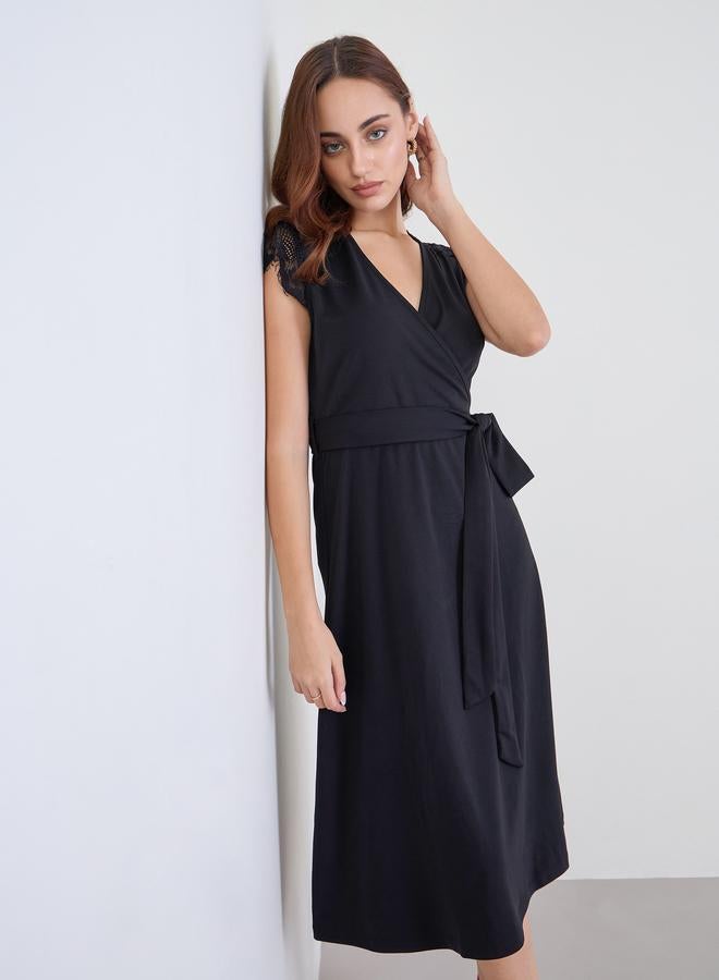 Styli Women Black Lace Detail Sleeveless A-Line Midi Dress - Image 1