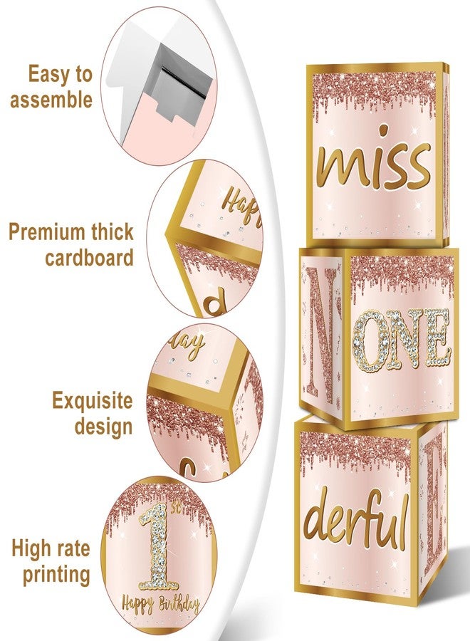 Guiruiy 3Pcs 1st Birthday Boxes Decorations for Girls - Pink Rose Gold Miss Onederful Boxes, One Year Old Girl Birthday Theme Cardboard Balloon Box Decor - Image 3