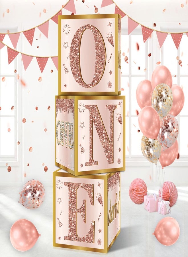Guiruiy 3Pcs 1st Birthday Boxes Decorations for Girls - Pink Rose Gold Miss Onederful Boxes, One Year Old Girl Birthday Theme Cardboard Balloon Box Decor - Image 1