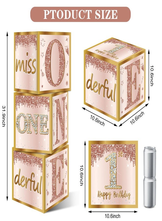 Guiruiy 3Pcs 1st Birthday Boxes Decorations for Girls - Pink Rose Gold Miss Onederful Boxes, One Year Old Girl Birthday Theme Cardboard Balloon Box Decor - Image 2