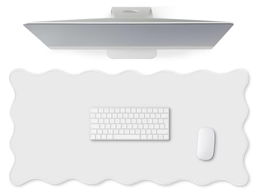 Hahafelt Scalloped Desk Mat Large Desk Pad Cute Coquette Table Mat Back to School Preppy Table Make up Pad Nonslip Graduation Gift with Stitching Waterproof GamingWhite315 x 158 Inches - Image 1