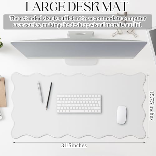 Hahafelt Scalloped Desk Mat Large Desk Pad Cute Coquette Table Mat Back to School Preppy Table Make up Pad Nonslip Graduation Gift with Stitching Waterproof GamingWhite315 x 158 Inches - Image 3